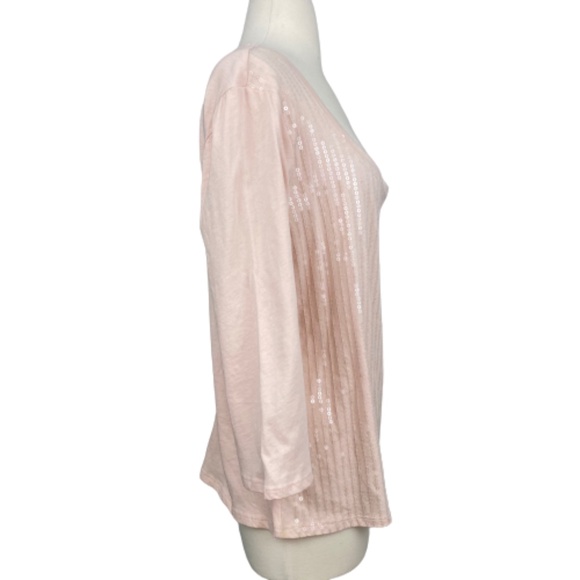 NY & COMPANY Top T-Shirt Sequin 3/4 Sleeves Scoop Neck Pink Large - Picture 2 of 11